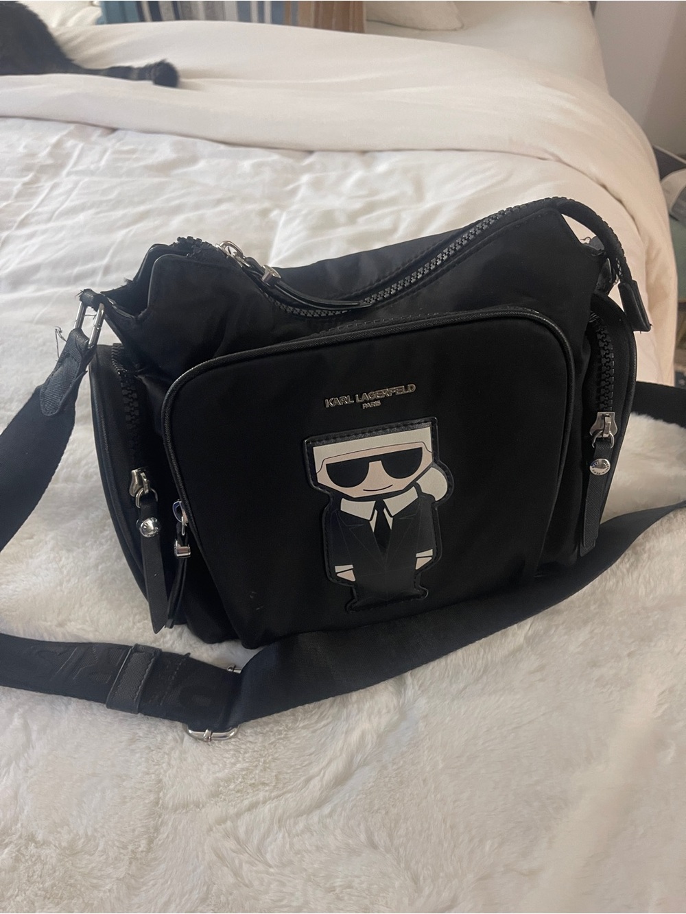 Karl Lagerfeld Black Nylon Messenger Bag with Icon Patch